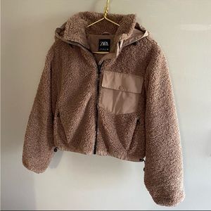 Zara XS Zip Up Teddy Jacket Fleece Faux Sherpa Hooded